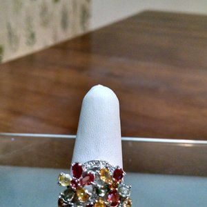 Rhodium Plated 925 Silver Multi-Color Stone Flower Design Ring Size 8  7.1 Grams